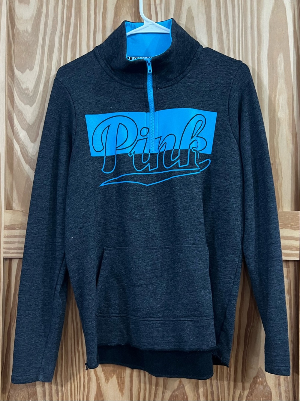 Victoria’s Secret PINK Charcoal Heather Quarter-Zip Pullover with Blue Logo